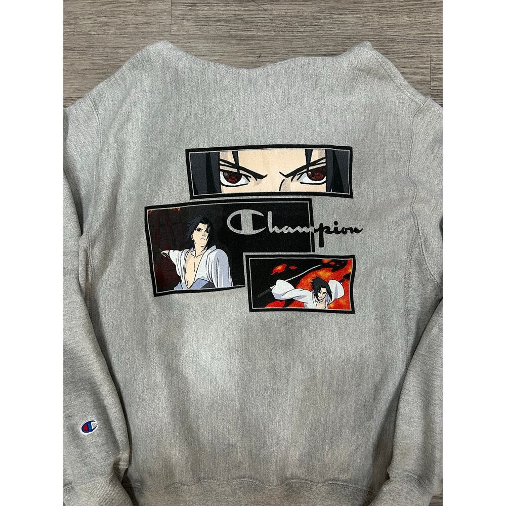 Champion x Naruto Reverse Weave Hoodie Sasuke Uchiha Grey Graphic Mens Medium